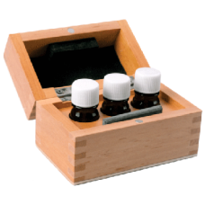 Wooden Box with 3 Acid Bottles & 1 Stone